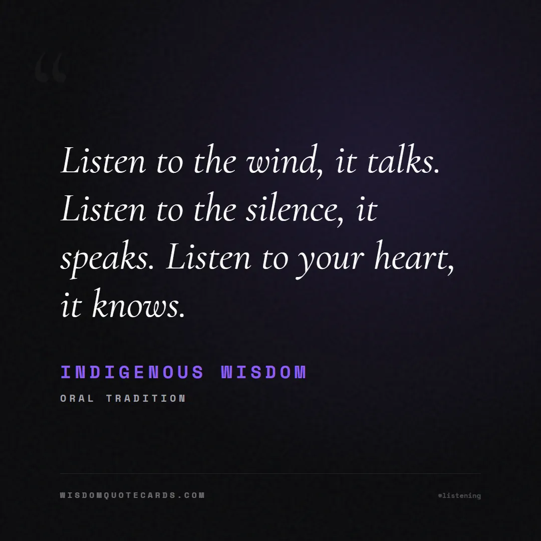 Quote by Indigenous Wisdom about listening, communication, empathy, relationships, mindfulness, understanding, silence, connection: Listen to the wind, it talks. Listen to the silenc...