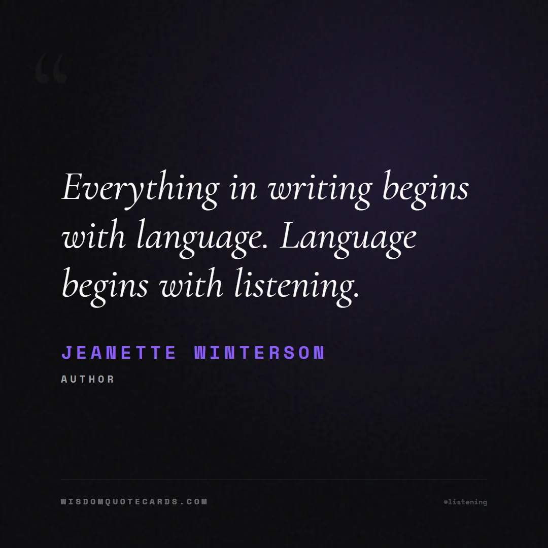 Quote by Jeanette Winterson about listening, communication, empathy, relationships, mindfulness, understanding, silence, connection: Everything in writing begins with language. Langua...