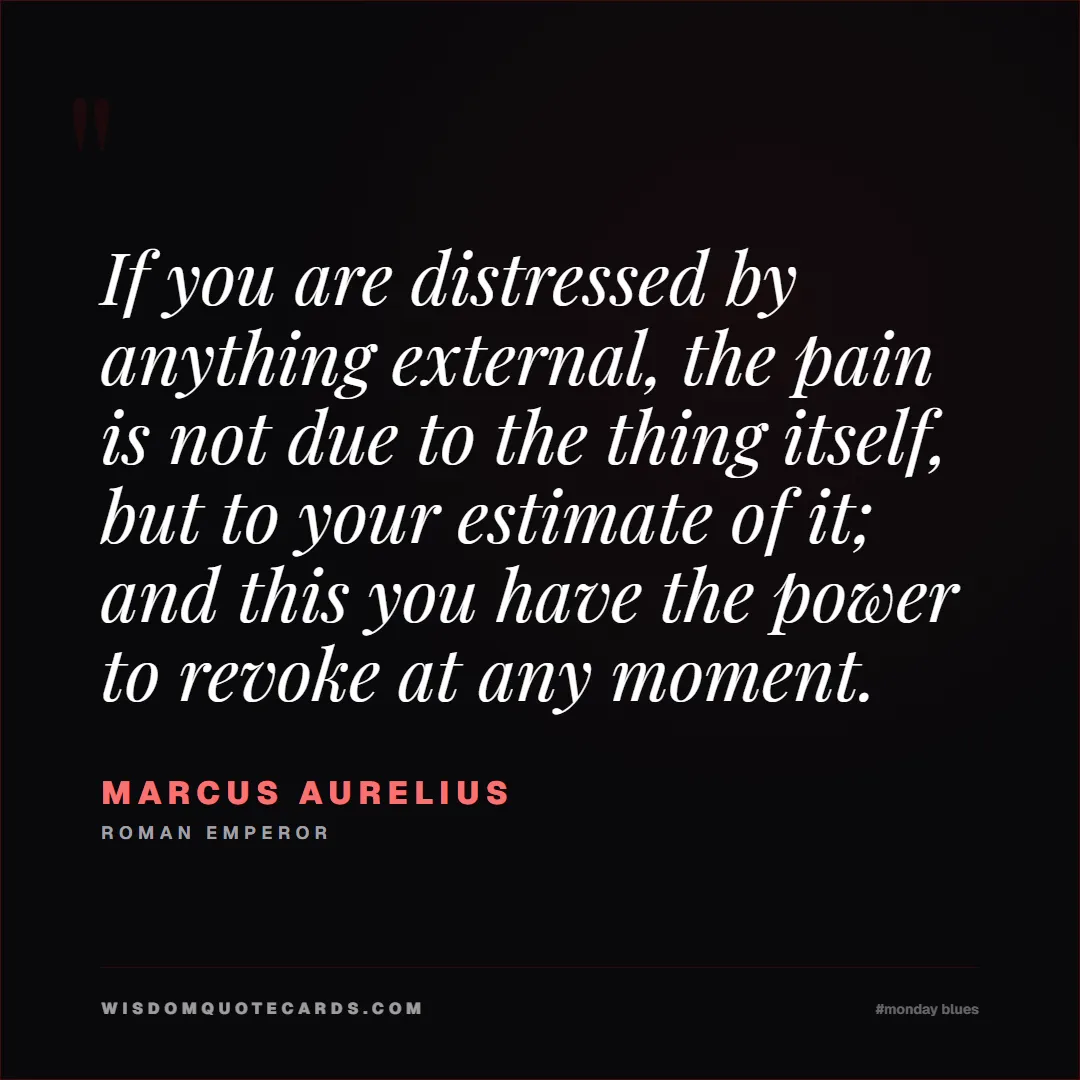 Quote by Marcus Aurelius about monday blues, workplace stress, stoicism: If you are distressed by anything external, the pa...